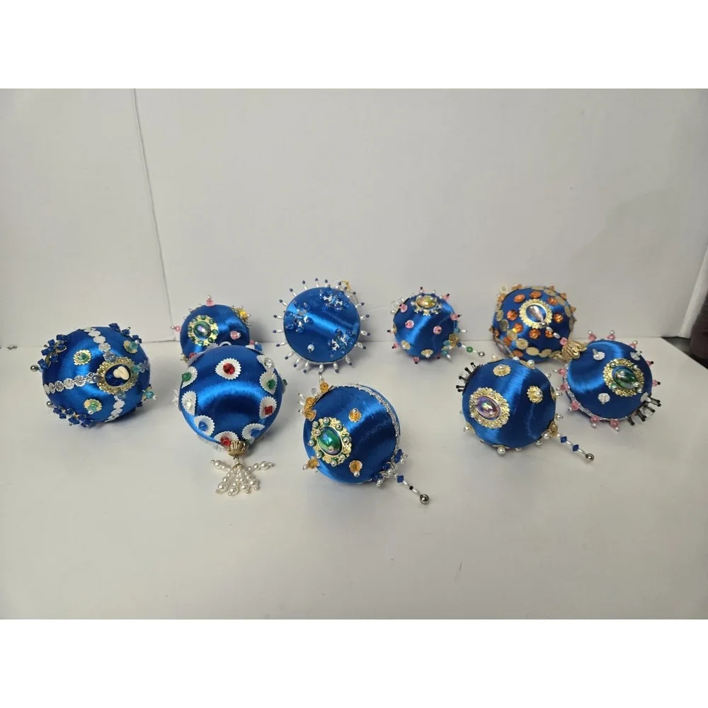 Vintage Christmas ornament push pin satin styrofoam ball lot blue sequin